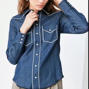 Urban Outfitters denim pearl snap button down shirt with white piping trim